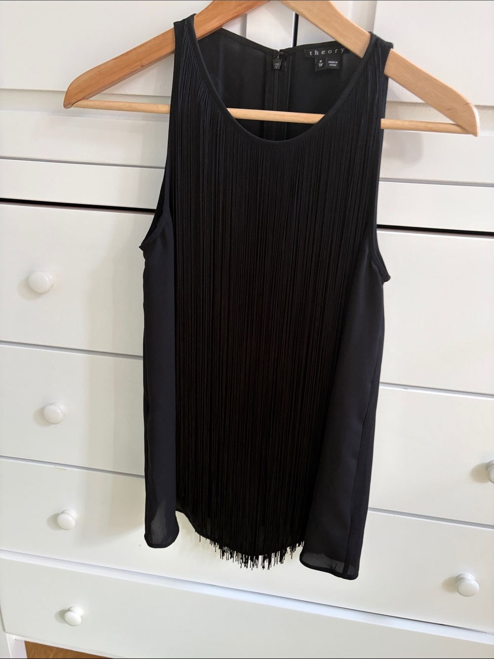 Theory Black Sleeveless Fringe-Front Blouse